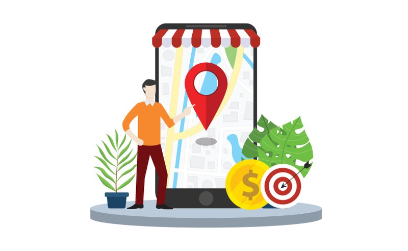 local seo market strategy business search engine optimization with business man stand in front of mobile smartphone with maps online - vector illustration