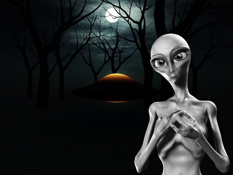 An alien and a UFO in a dark forest. UAP Report
